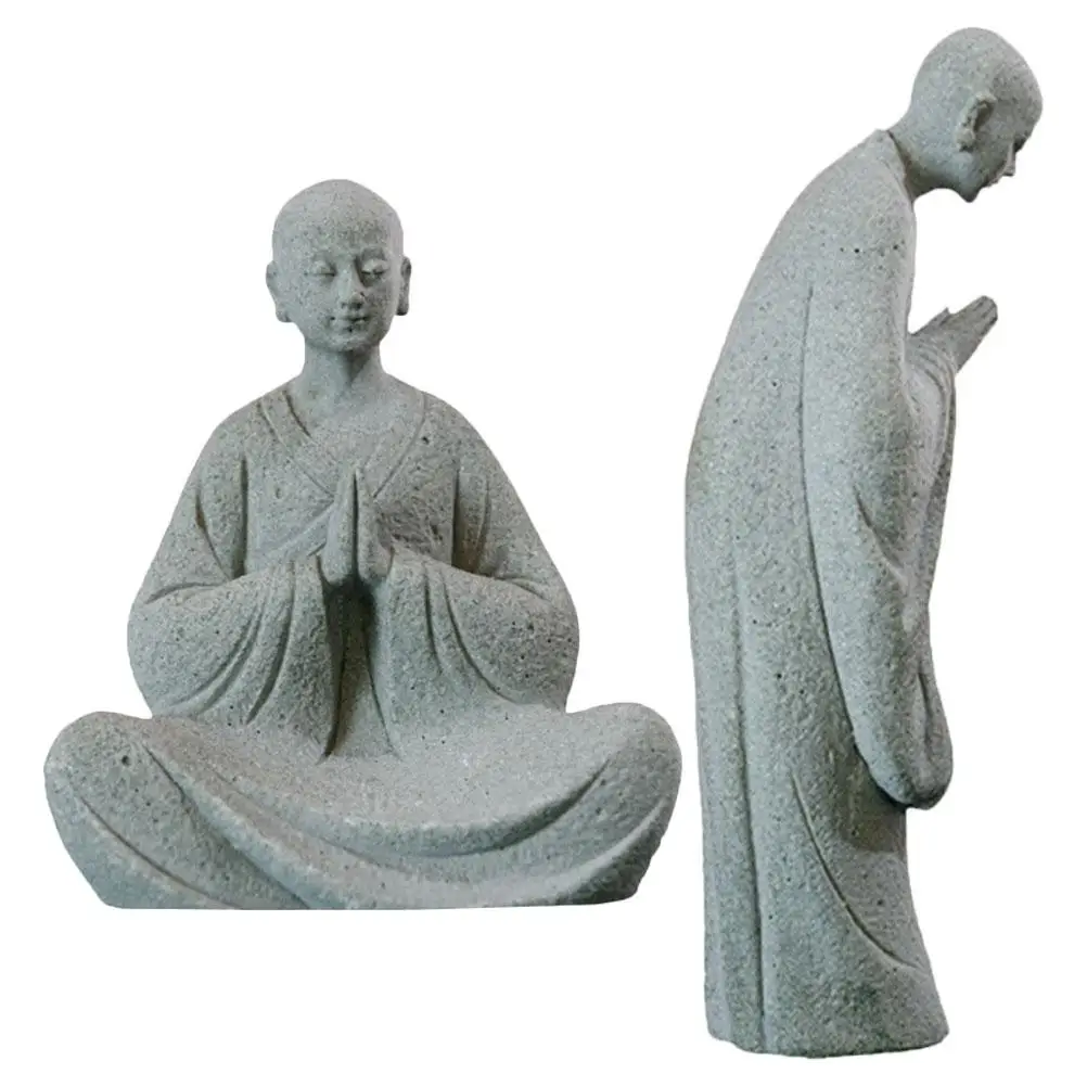 

2pcs Wishing Ornaments Stone Statues Gray Sitting Standing Garden Decor Desk Monk Decor Aquarium Display