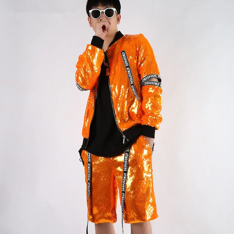 Orange Sequin Letter Jacket Pants Suit Stage Dancer Team Costume Baseball Tide Male Hip Hop Rock Performance Clothes