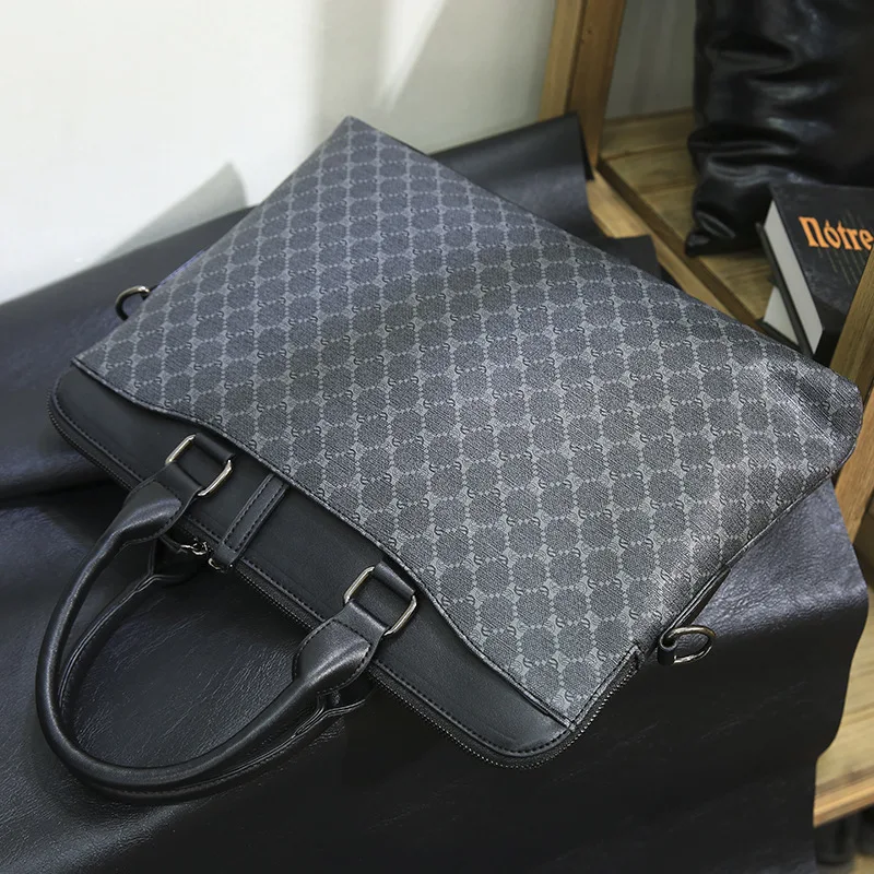 Fashion Leather Gray Color 14 Inch Laptop Handbag For Men Large Capacity Multifunction Plaid Design Male Office Business Bag