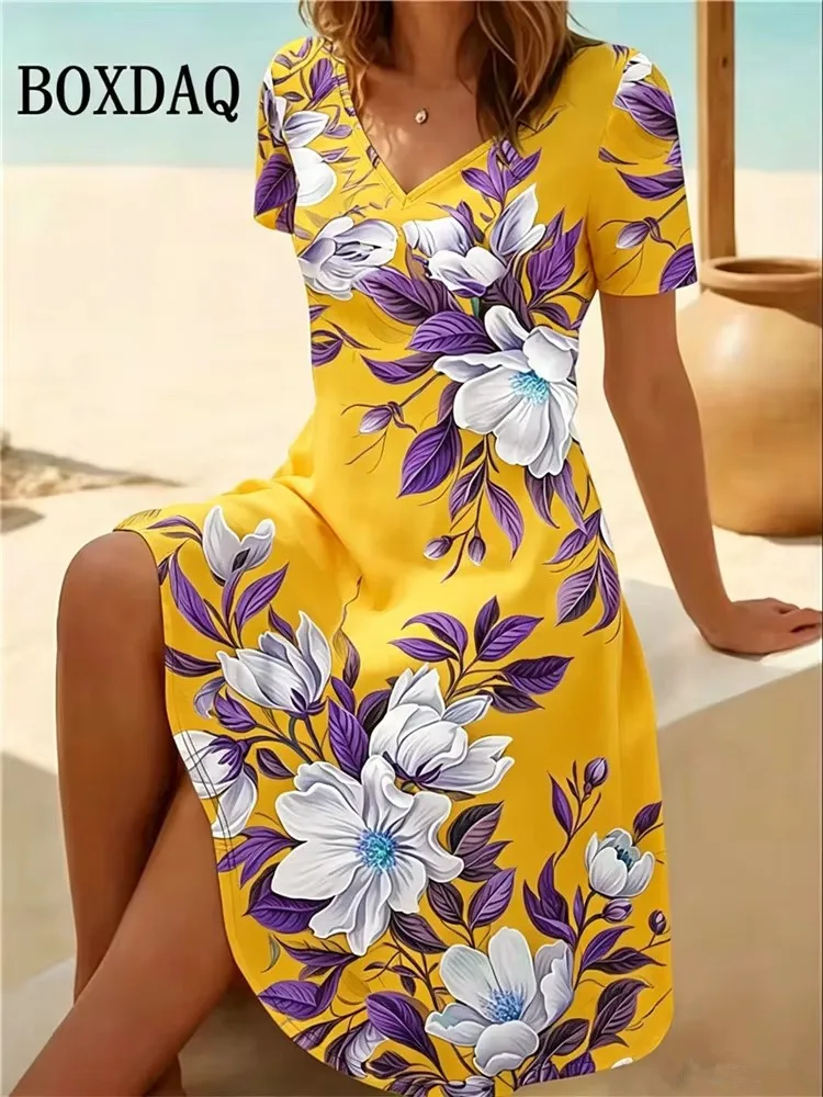 6XL Plus Size Women Dresses Summer Beach Casual A-Line Dress Vintage Boho Floral Print Short Sleeve V-Neck Loose Dress Vestidos