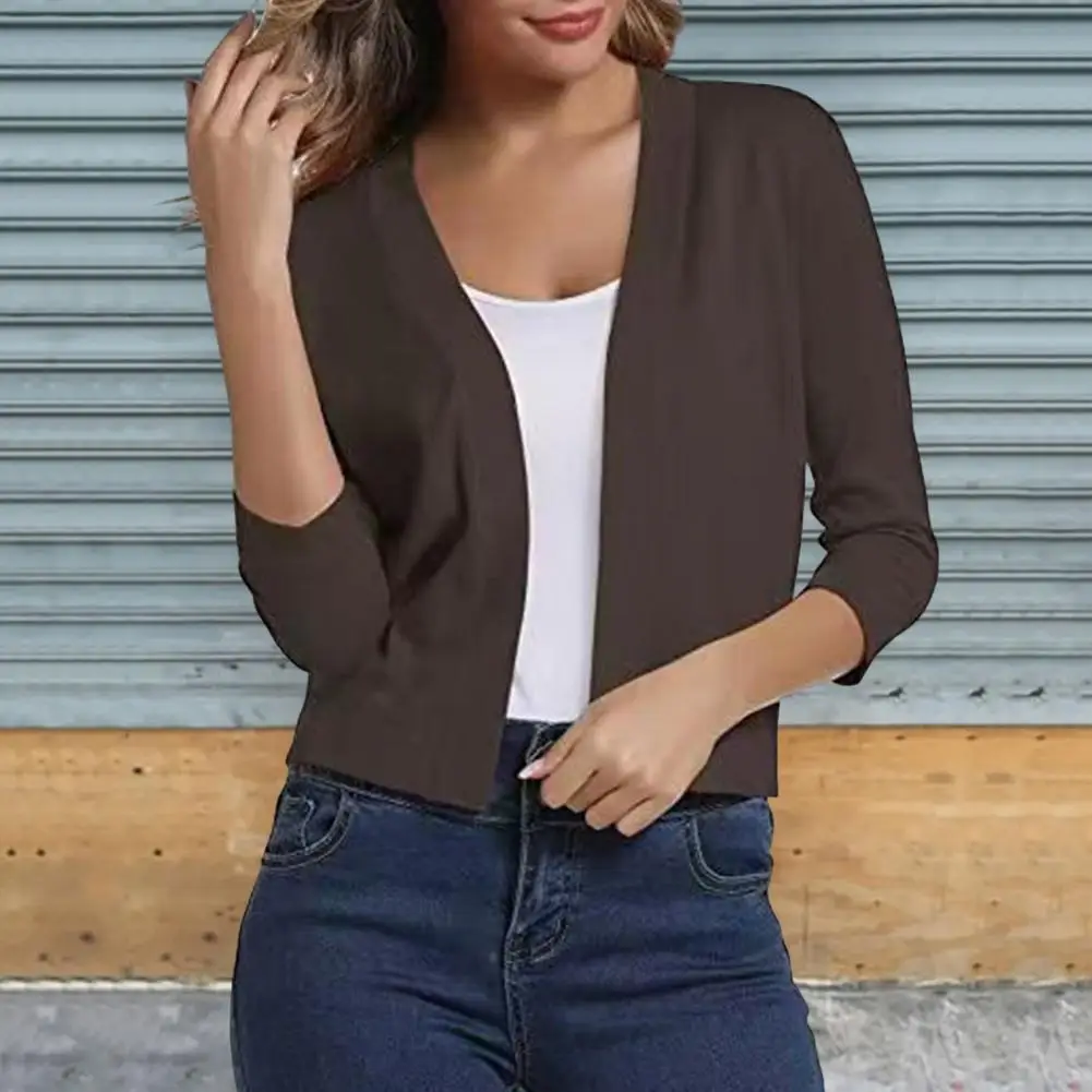 Chaqueta de punto sin cuello para mujer, cárdigan elegante con mangas 3/4, Color sólido, costura abierta, Chaqueta corta versátil