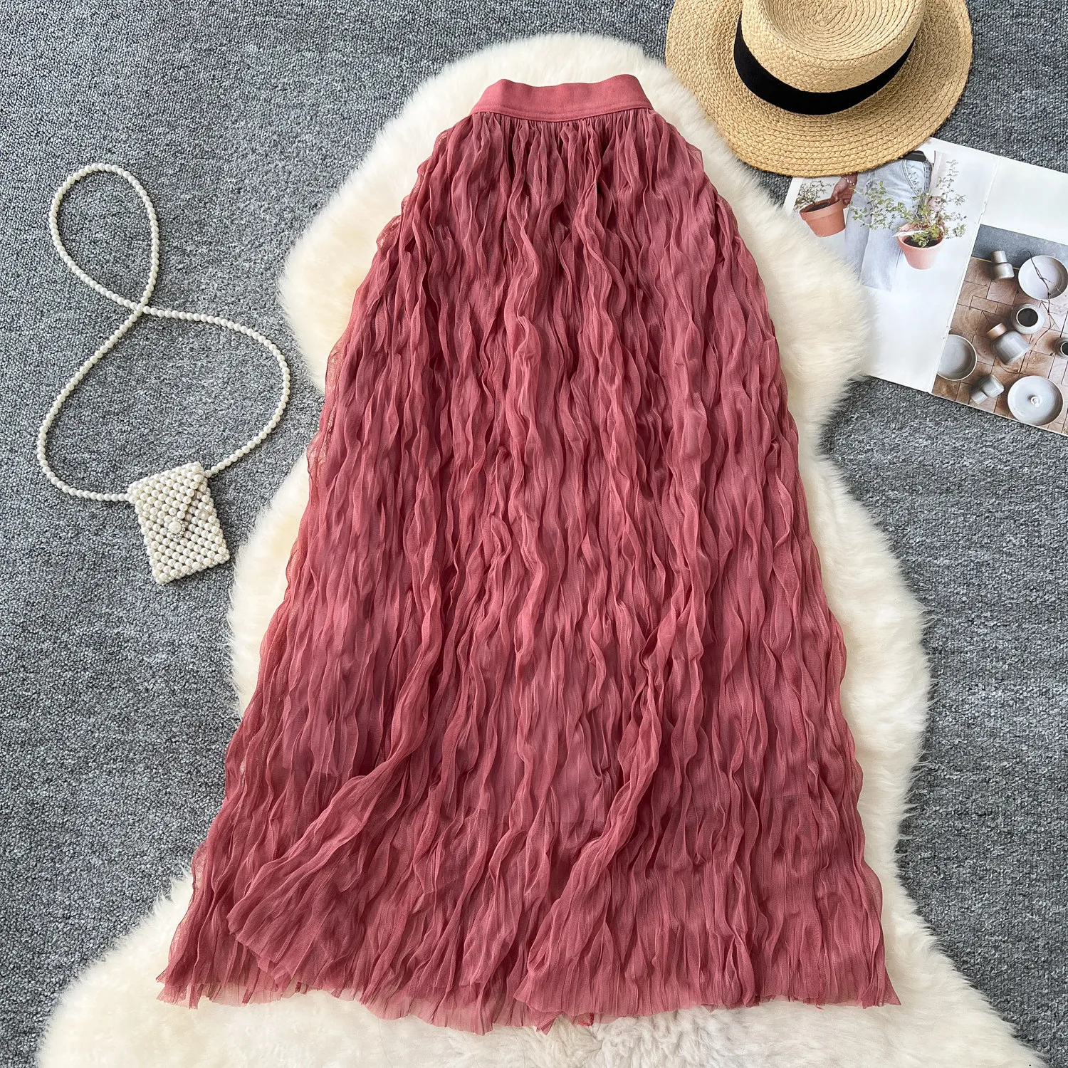 Women Elegant Chic pleated mesh Sexy Skirt Elastic Korean Fashion A-line Skirt Slim Clothing