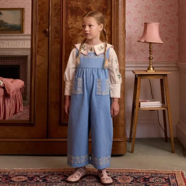 Children's Clothing Shirt 2026 Winter New Printed Embroidery Wrap Long Sleeve Doll  Cotton Thickened Vintage Blue Suspenders Set