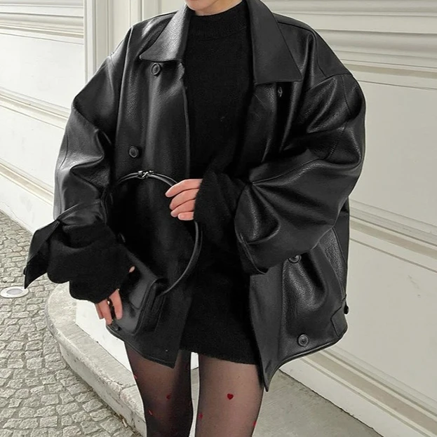 

Brown Leather Coat Women's Vintage Notched Lapel Oversized Trench Mid Long Winter Jacket