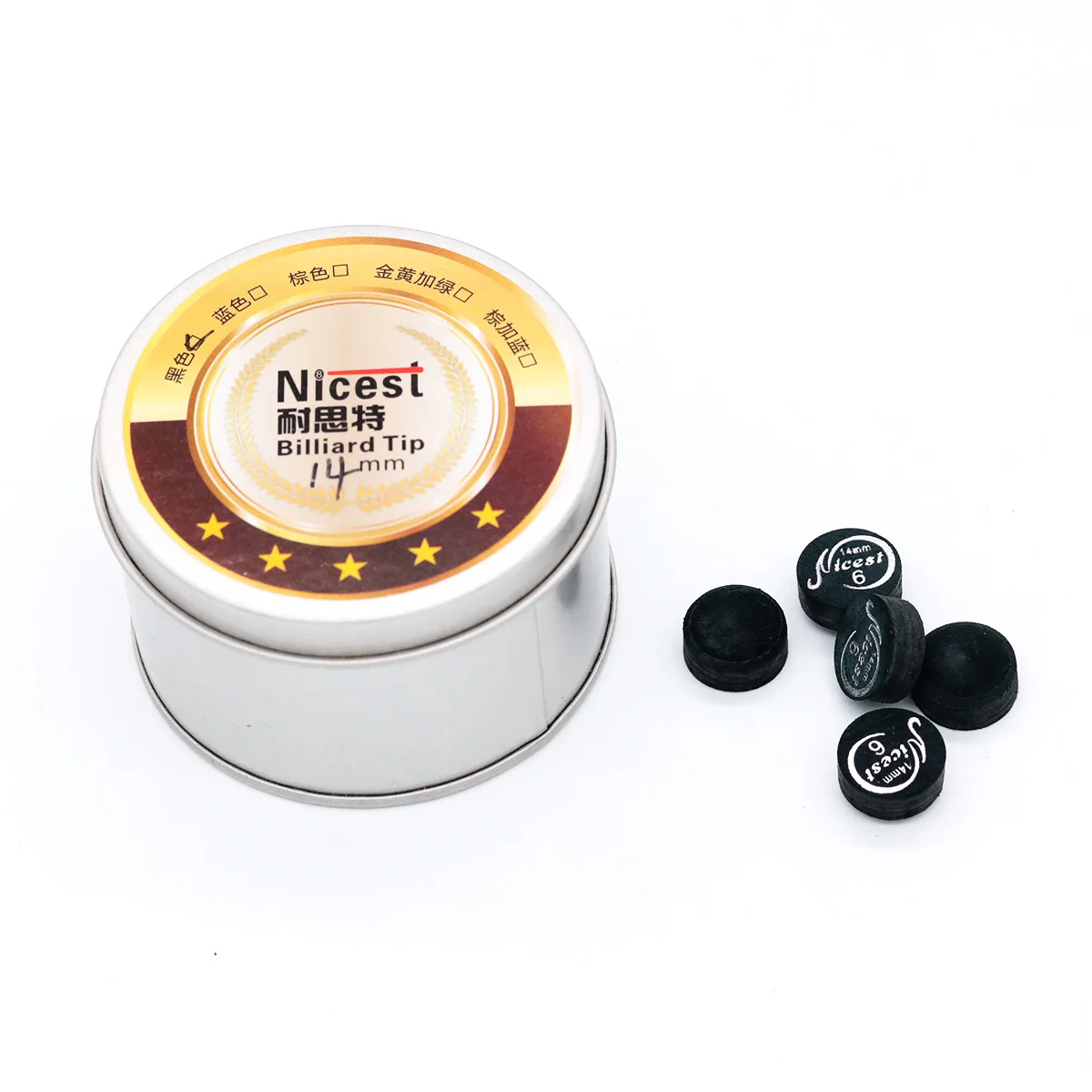 Promotie 50 stuks/doos 6-laags hoge kwaliteit beste biljartpooltip 14mm met verschillende kleuren biljartpoolkeu tips