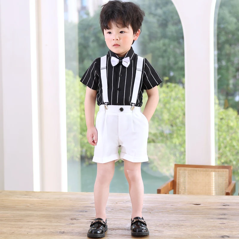 

Boys Summer Striped Dress Clothing Set Children's Kindergarten Performance Host Party Costume Kids Shirts Shorts Bowtie Outfit