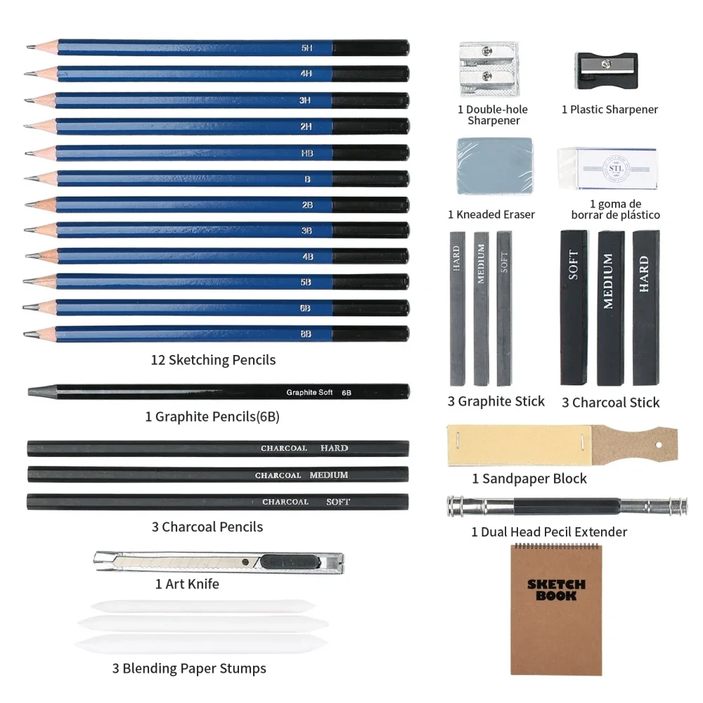 Set di matite per schizzi portatili 33 pezzi Kit da disegno regalo per artisti professionisti Organizzatore di forniture d'arte a carboncino per bambini Adolescenti Adulti