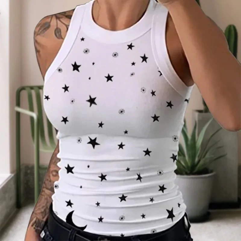 Nice Women's Clothing Tops Tanks Camis Digital Printed Round Neck I-shaped Vest Sexy Summer Striped Sleeveless Vest For Women Ve