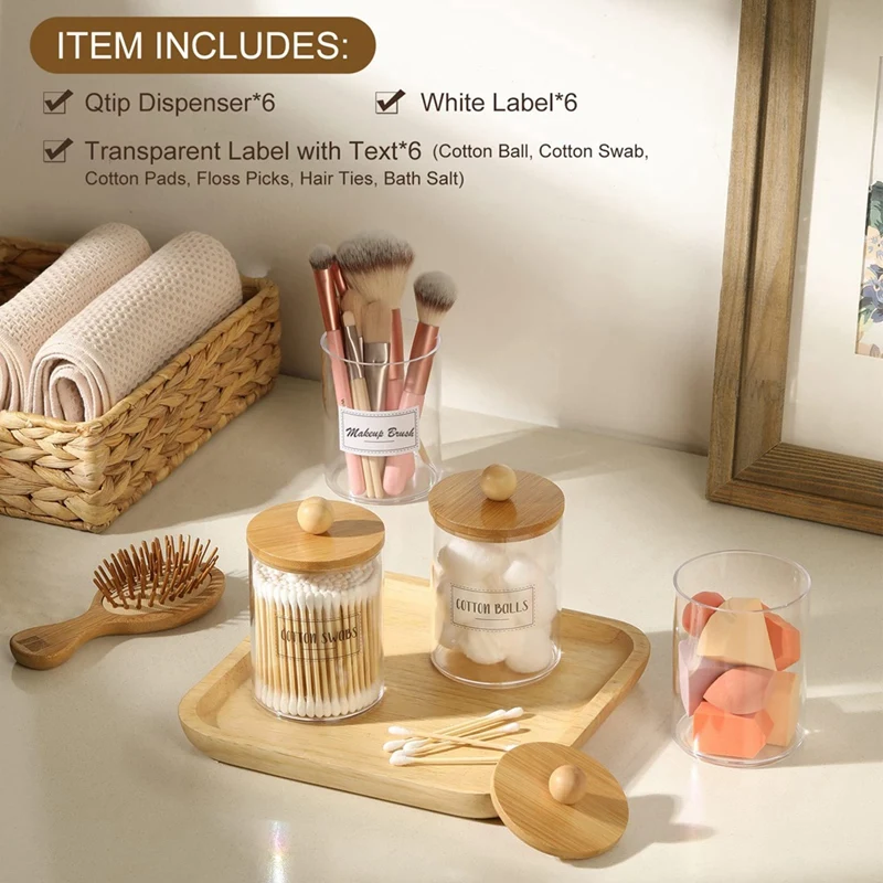 ●6 Pack Holder Dispenser Set with Bamboo Lids, Bathroom Canister Accessories, Storage Organizer, Clear-ABFB