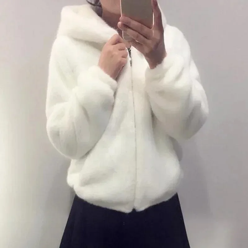 Manteau d'Hiver en Fausse Fourrure de Lapin pour Femme, Veste Chaude et Douce, Vison Artificiel, à Capuche, à la Mode, Blanc et Noir, 2023