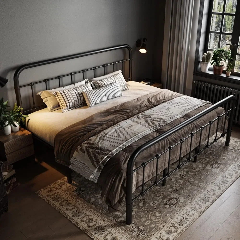 Headboard King Size Metal Platform Bed Frame with Victorian Style Wrought Iron-Art Headboard/Footboard, King Size Headboard