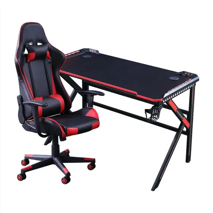 

Buy Big Black Metal Standing Electric LED Computer Gamer Gaming Table Set For Laptop PC RGB Racing Gaming Desk With Chair Combo