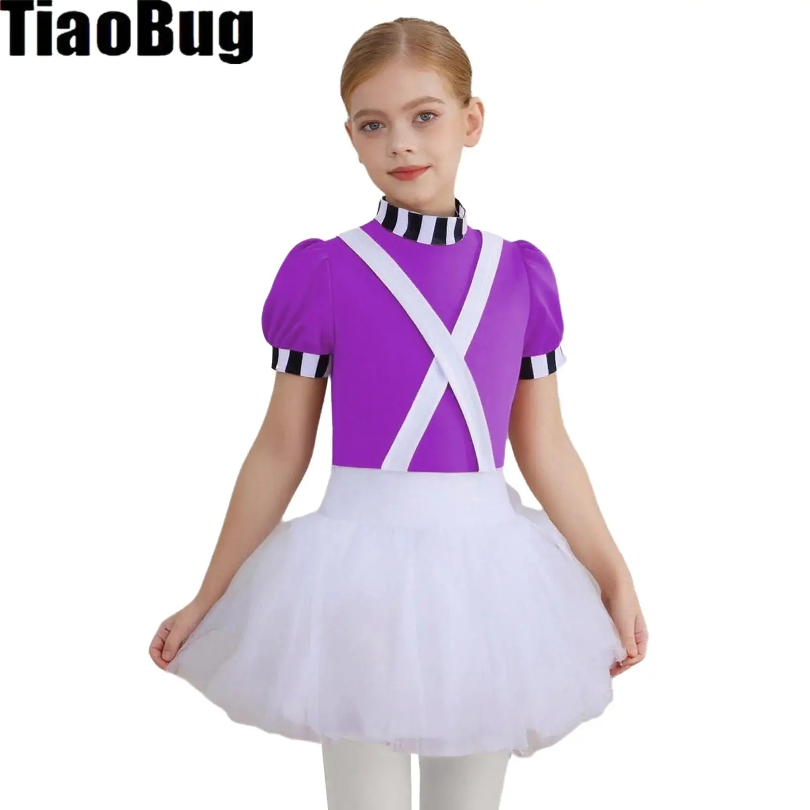 

Girls Ballet Tutu Dress Chocolate Factory Worker Halloween Costume Mock Neck Short Stripe-Cuffed Sleeves Puffy Dress with Braces