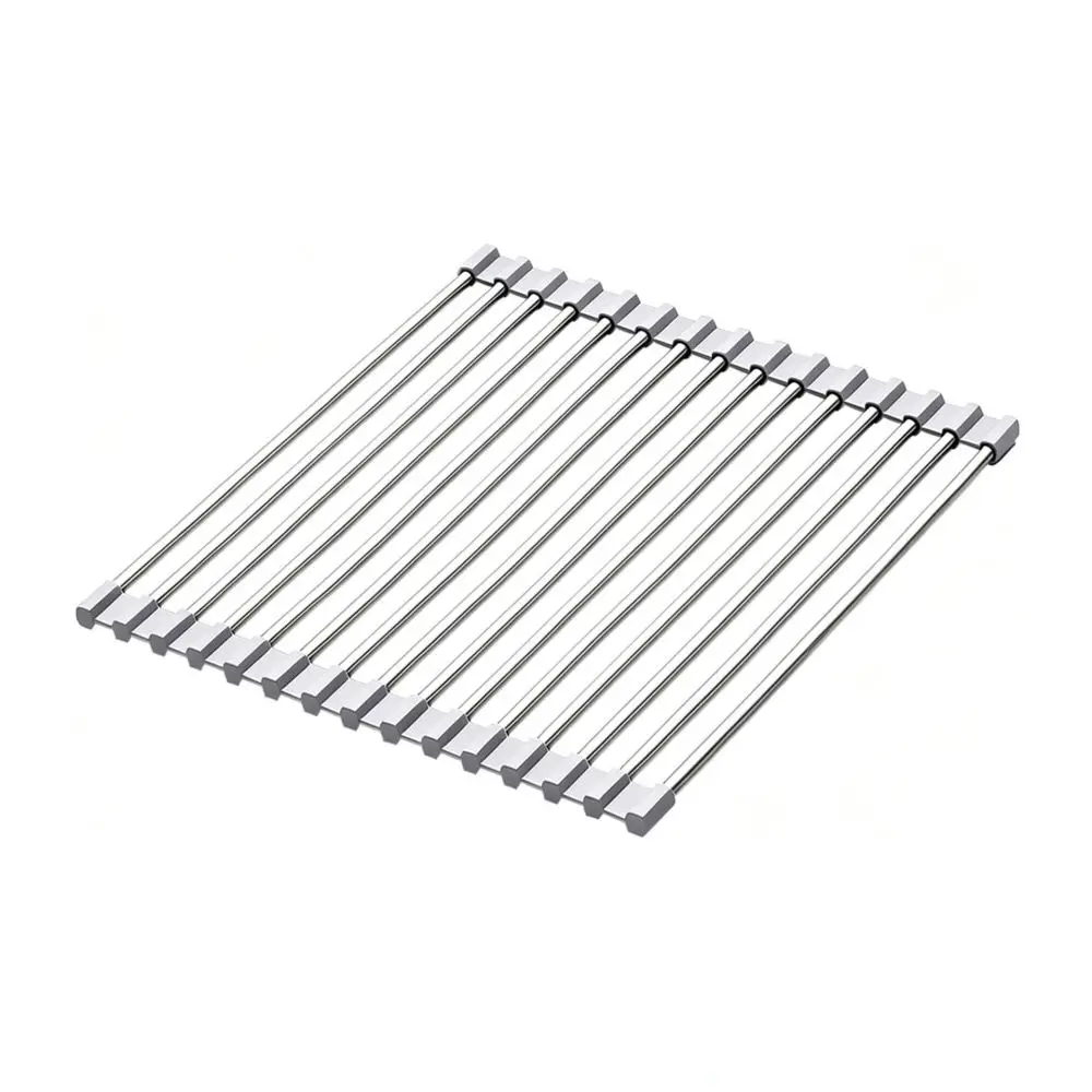 Stainless Steel Dish Drainer Rack Kitchen Sink Roll Up Drying Organizer Silicone Non Slip Foldable Countertop Storage Tool