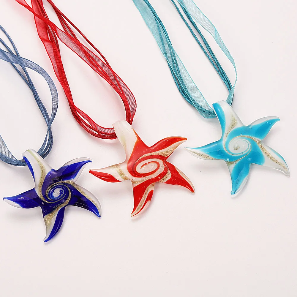 Fashion Wholesale 6pcs Handmade Murano Lampwork Glass Mix Color Reticular Starfish Pendants Charms Necklace Hot necl0051