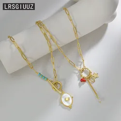 European Fashion Stainless Steel Ot Button Star Necklace For Girls French Vintage Turquoise Tassel Clavicle Chain For Women