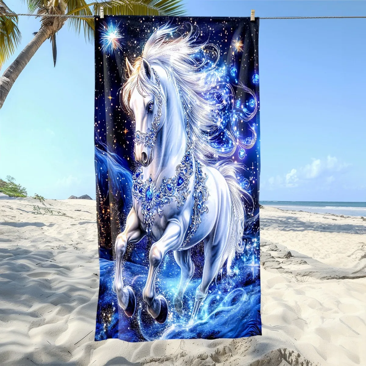 White Horse Starry Sky Print Beach Towel Polyester Soft Quick Dry Large Bath Towel Summer Swimming Pool Surfing Blanket