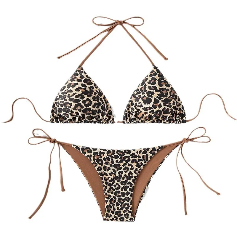 Swimwear2024Leopard Print Lace-up Triângulo Cup Sexy Beach Bikini Split Maiô para Mulheres