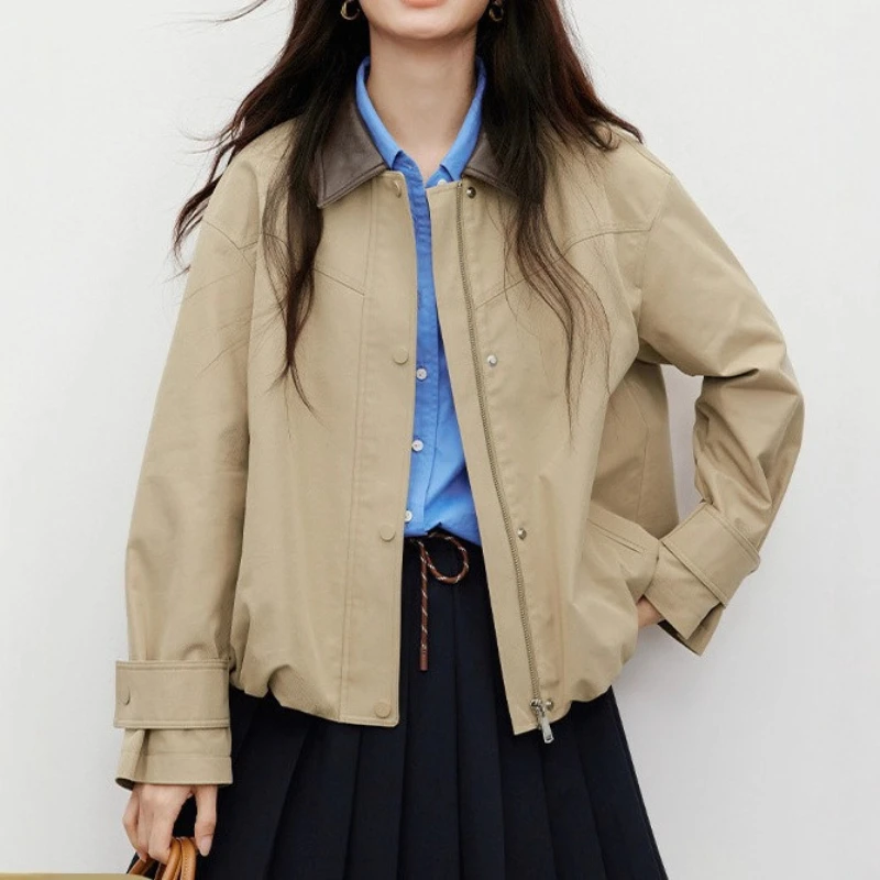 

Новый женский плащ цвета хаки MIU с воротником-стойкой, повседневный, элегантный, тонкий, укороченный