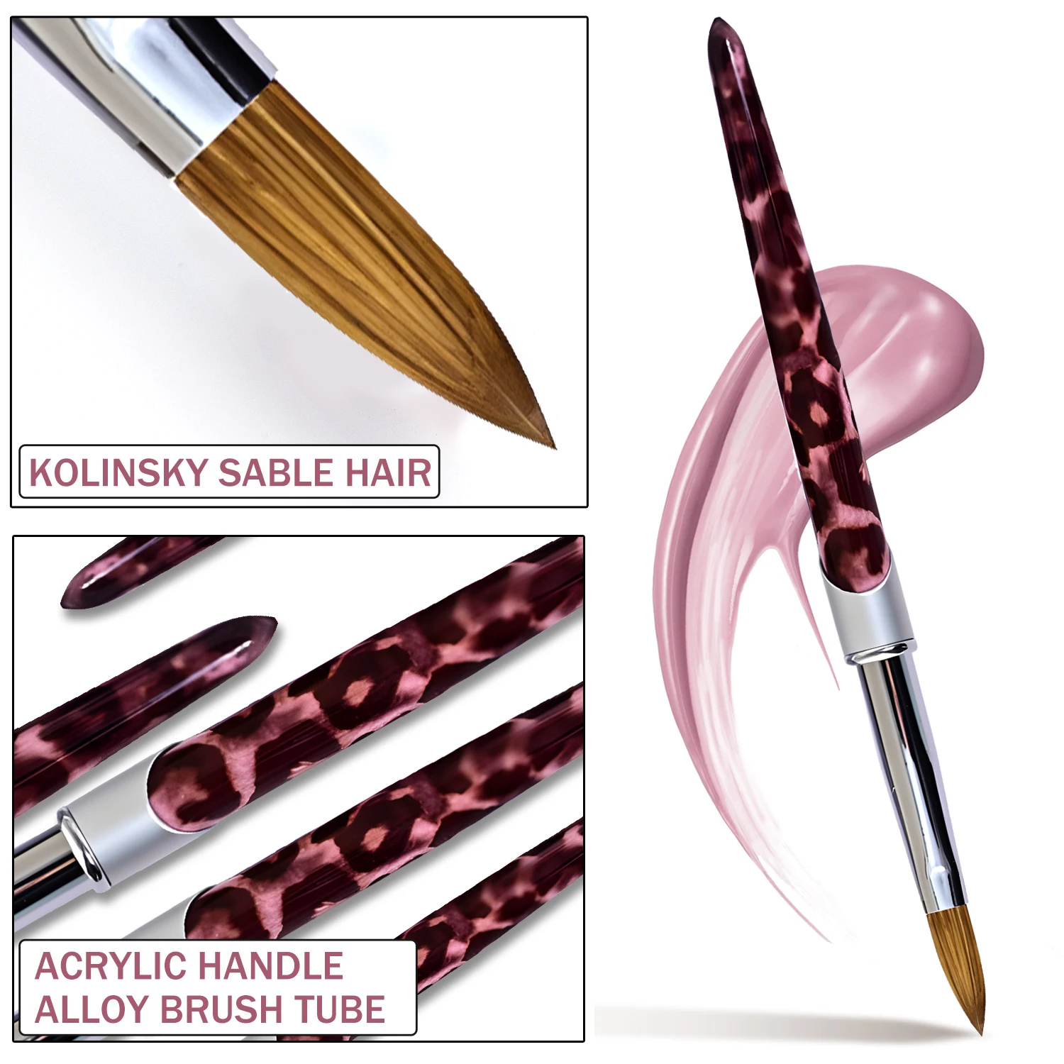 Pennello per unghie ovale Kolinsky # 8, Strumento professionale per l'estensione della polvere acrilica e il design della linea di strisce, forniture per unghie