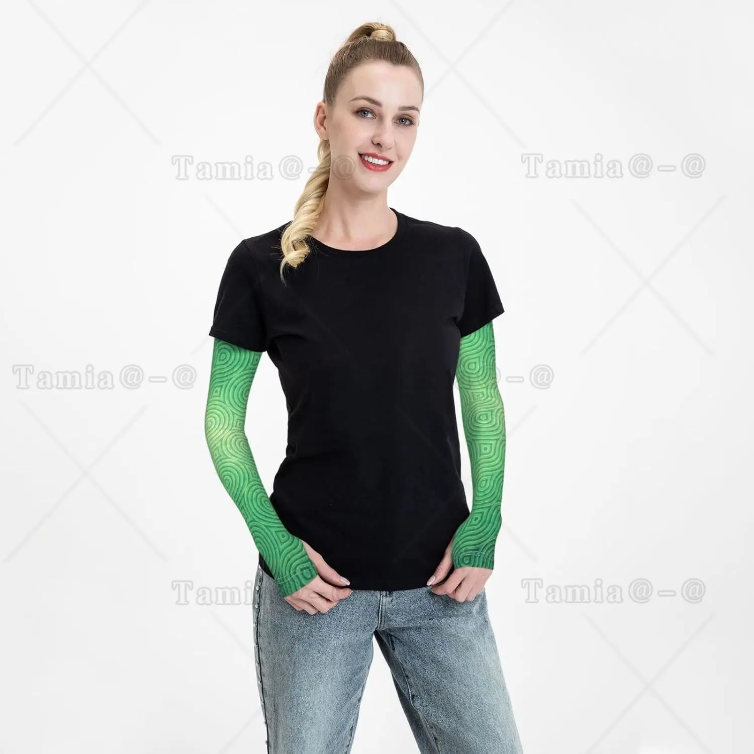 Mangas de protección solar con estampado de textura curvada verde para mujeres y hombres, mangas deportivas refrescantes para golf, correr, ciclismo y senderismo