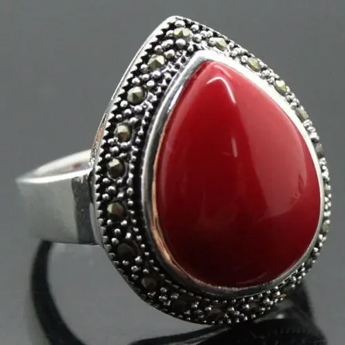 Gros 25 x 20 mm rouge sculpt laqu incrust marcassite Silver Drop anneau Sz 7 - 10