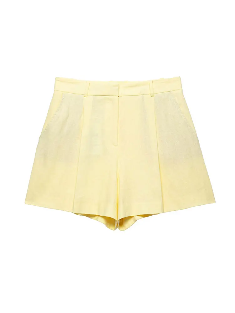 NLZGMSJ 2025 Setelan Wanita Kuning Chic Kasual Set Fashion Celana Pendek Lurus Ritsleting Atasan Tanpa Lengan Kancing Leher-o Solid