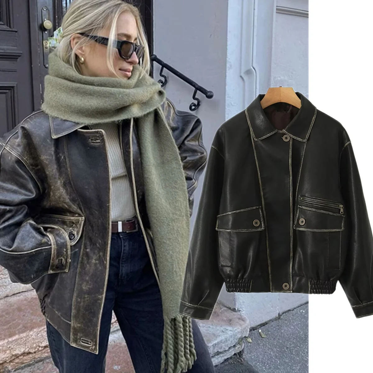 Dave&Di Autumn Winter Women's Jacket Minimalist Retro Washed Used Leather Jacket Fashion Blogger Loose Boyfriend Jacket Women