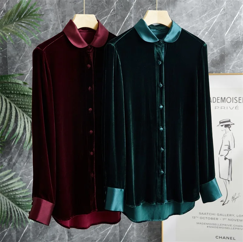 

Ele Silk Velvet Long Sve irt Polka Dot Collar Charming Spring Faion Ladies' irt Straight Cut Mid-Length Silk irt