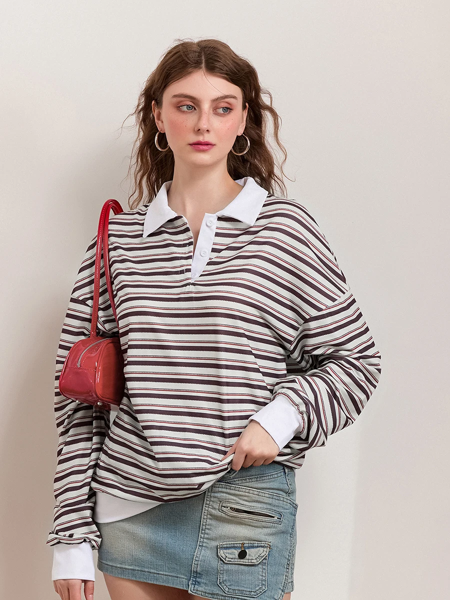 wsevypo Women Loose Striped Sweatshirt Autumn Retro Long Sleeve Turn-down Collar Buttons Pullover Casual Tops for Streetwear