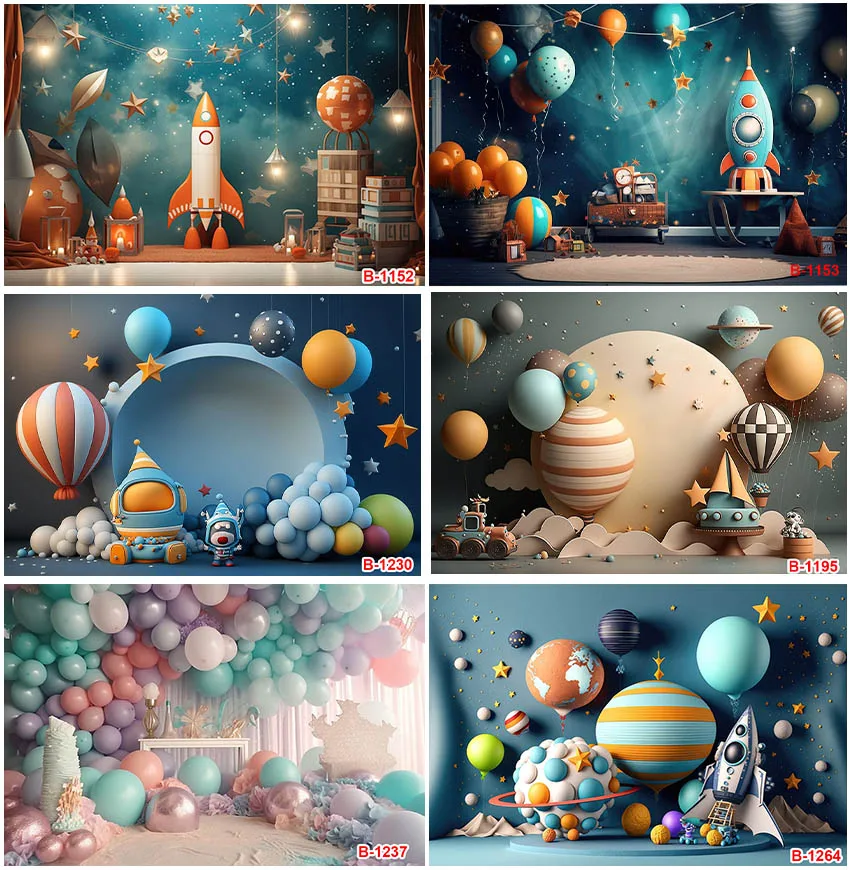 

Newborn Backdrops Universe Theme Balloons Stars Photographic For Boys Birthday Party Decoration Customized Backgrounds Photocall