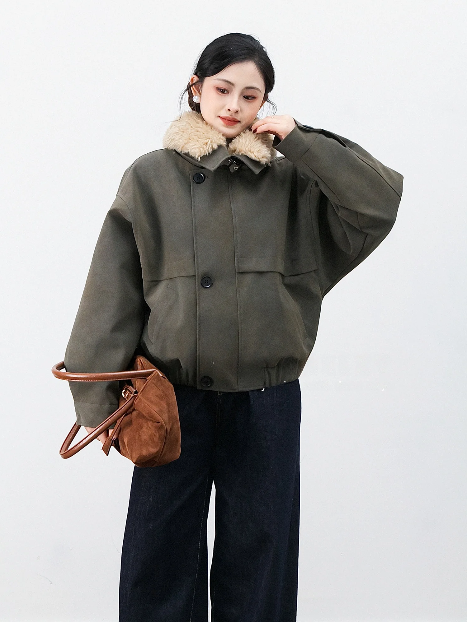 

Retro Lapel Suede Jaet Women Winter Casual Faion Loose ort Cotton Lined Jaet American Sle PU Leather Coat Zipper Cl...