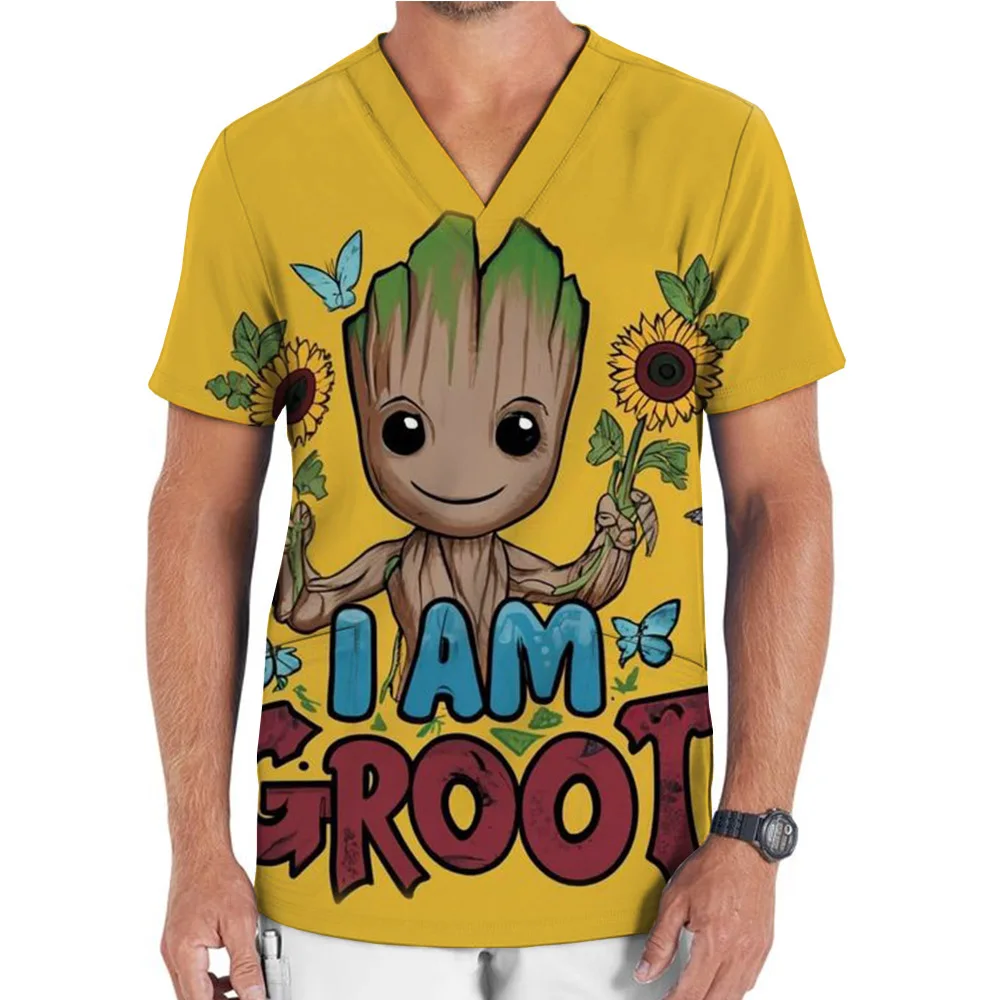 Dental Uniforms V-neck Clothes Marvel Groot print Scrubs Tops Dentist Medical Uniform Hospital Nurse Doctor Cotton Scrub Top