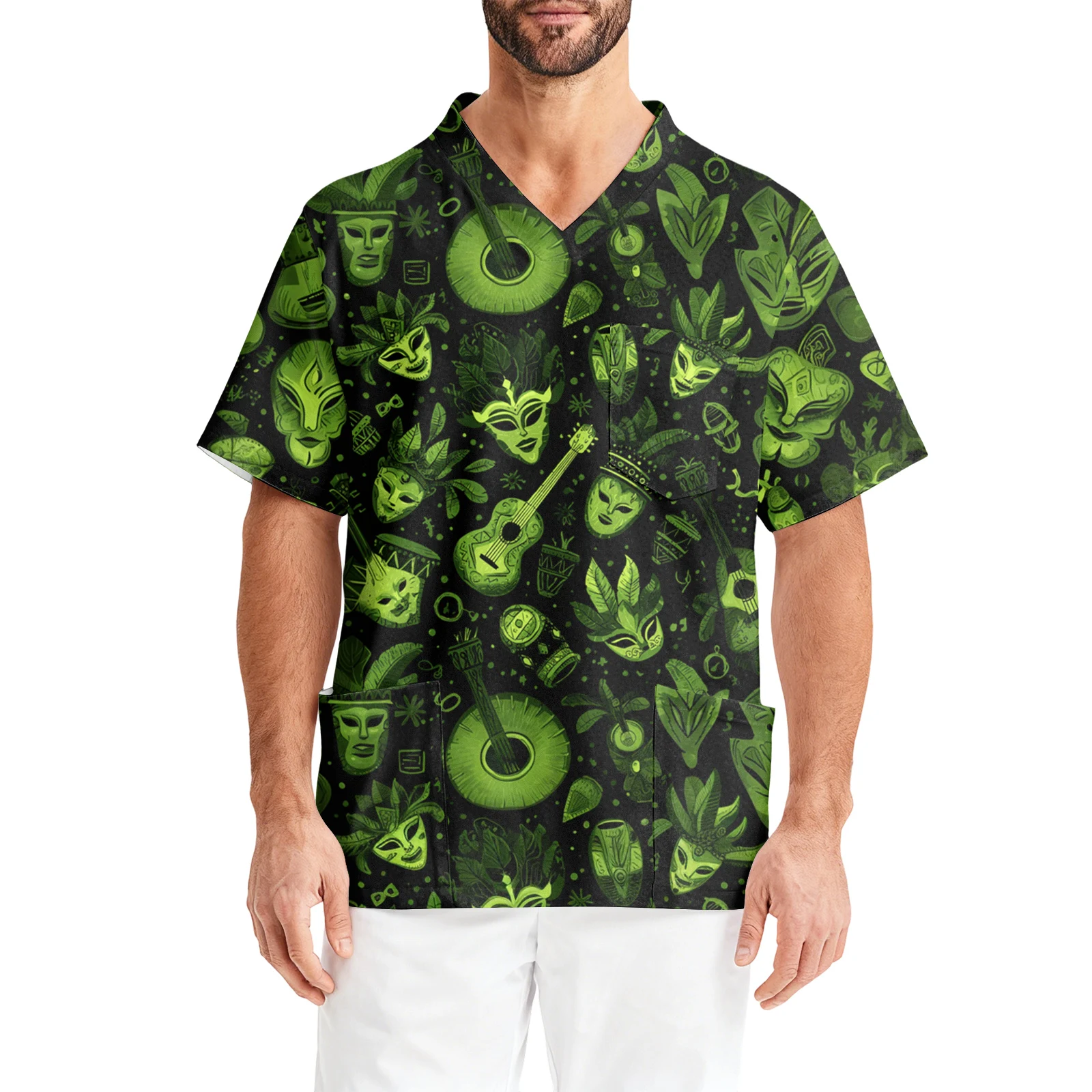 

Carnival Printed Nurse Uniform V-Neck Short Sleeved Nurse Uniform Men'S Short Sleeved Shirt Pocket Caregiver Jacket