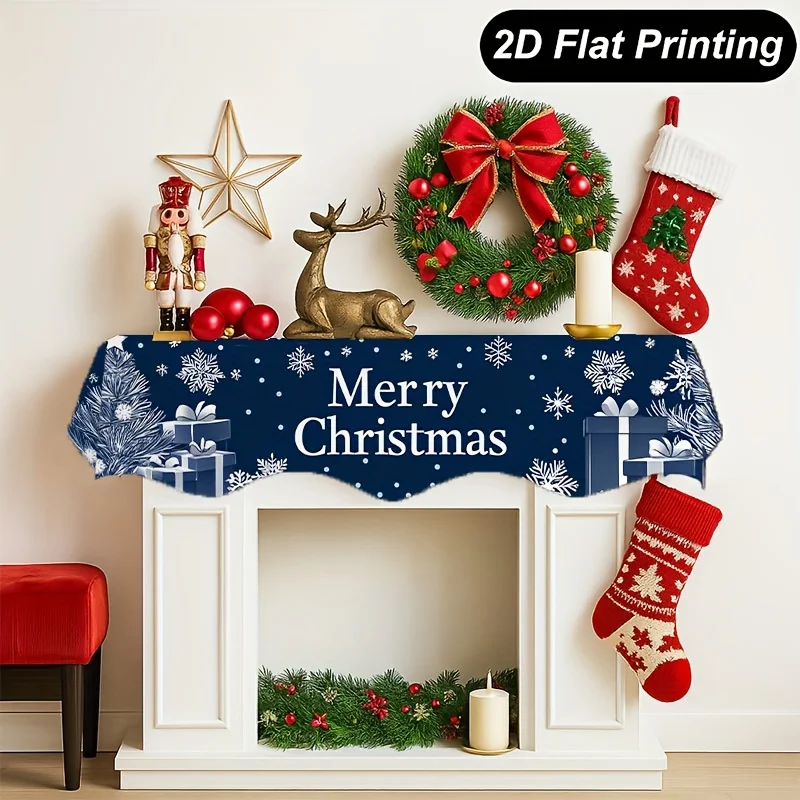 VIKAMA Christmas Blue Snowflake Gift Tree Fireplace Mantel Scarf Fireplace Shelf Cover for Spooky Halloween Fall Home Party
