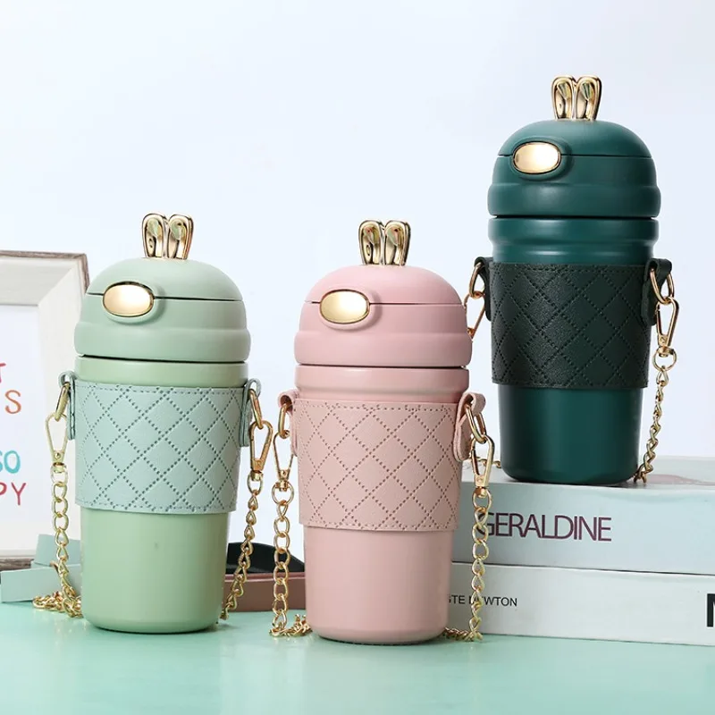 

High-value Girls Rabbit Cup 304 Stainless Steel Thermos Cup, Press Cover with Chain Strap Cup Coffee Cup Outdoor Sports Portable
