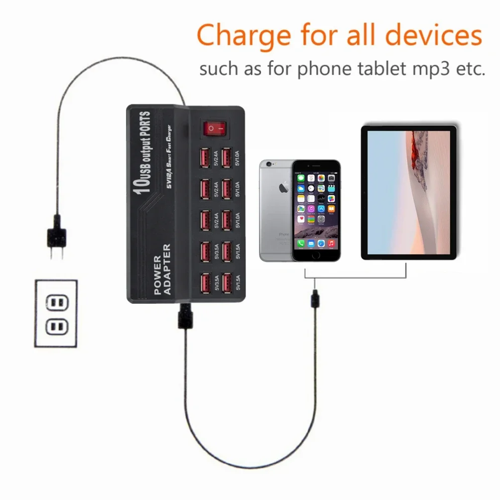 GRWIBEOU Multi 10 USB Power Fast Charge Station Port Charger For IPhone 14 13 12 11 Plus IPad LG Samsung Huawei Charger Socket