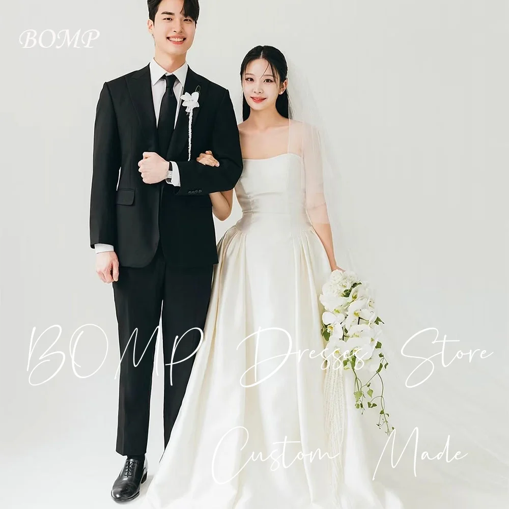 

BOMP Simple Wedding Dress Strapless A-Line Draped Sweep Train Ivory Taffeta Korea Photo Shoot Bridal Receptional Gown Customized