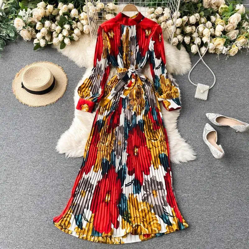 

Spring Retro Print Pleated Long Maxi Vestidos Femininity Small Stand-up Collar Puff Sleeve Slim Holiday Dress 2023 New