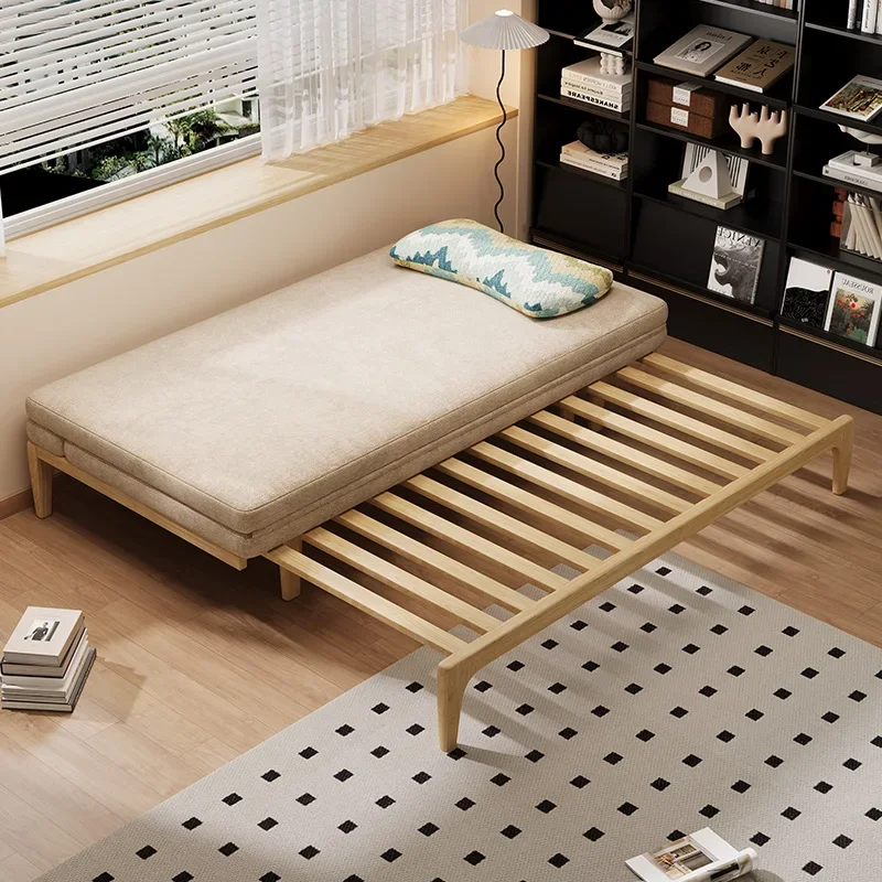 Solid wood sofa bed Multifunctional pull-out bed Cream wind simple small apartment fabric telescopic folding bed 2024 new