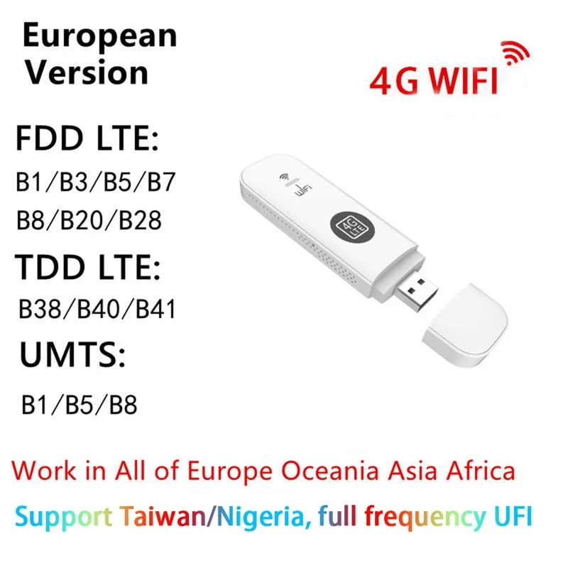 4G USB WIFI Modem 150Mbps 4G LTE Car Wireless Wifi Router USB Dongle Support B28 European Band White