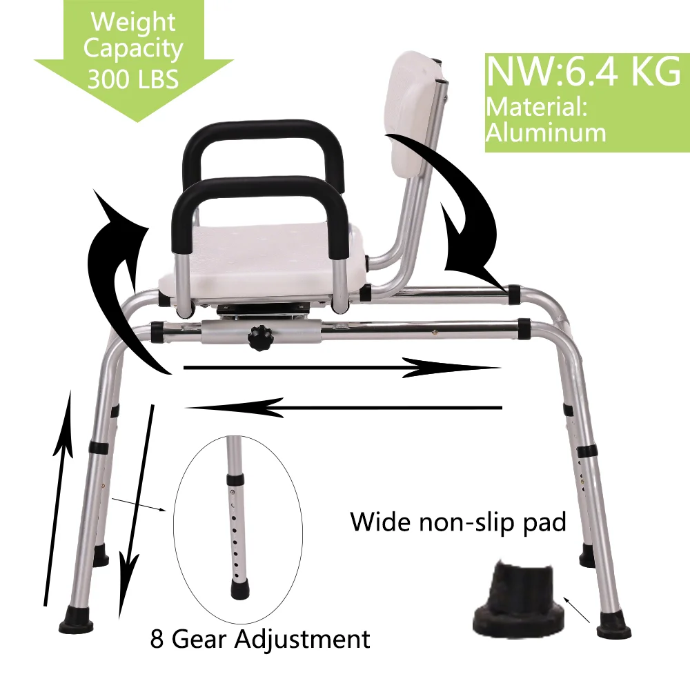 Adjust 360° Swivel Slid Shower Chair Tub Transfer Bench Bath Chair Non-Slip 350LBS Heavy Duty Ideal Bath Safety Seat for Elderly