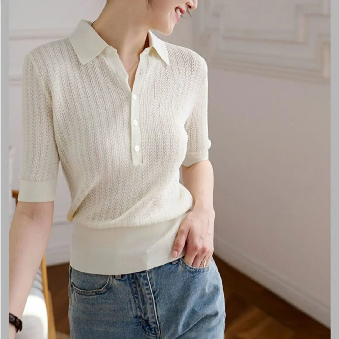 Spring and summer cashmere sweater V-neck short-sleeved t-shirt lapel knitted  cashmere bottoming top  shirts for women