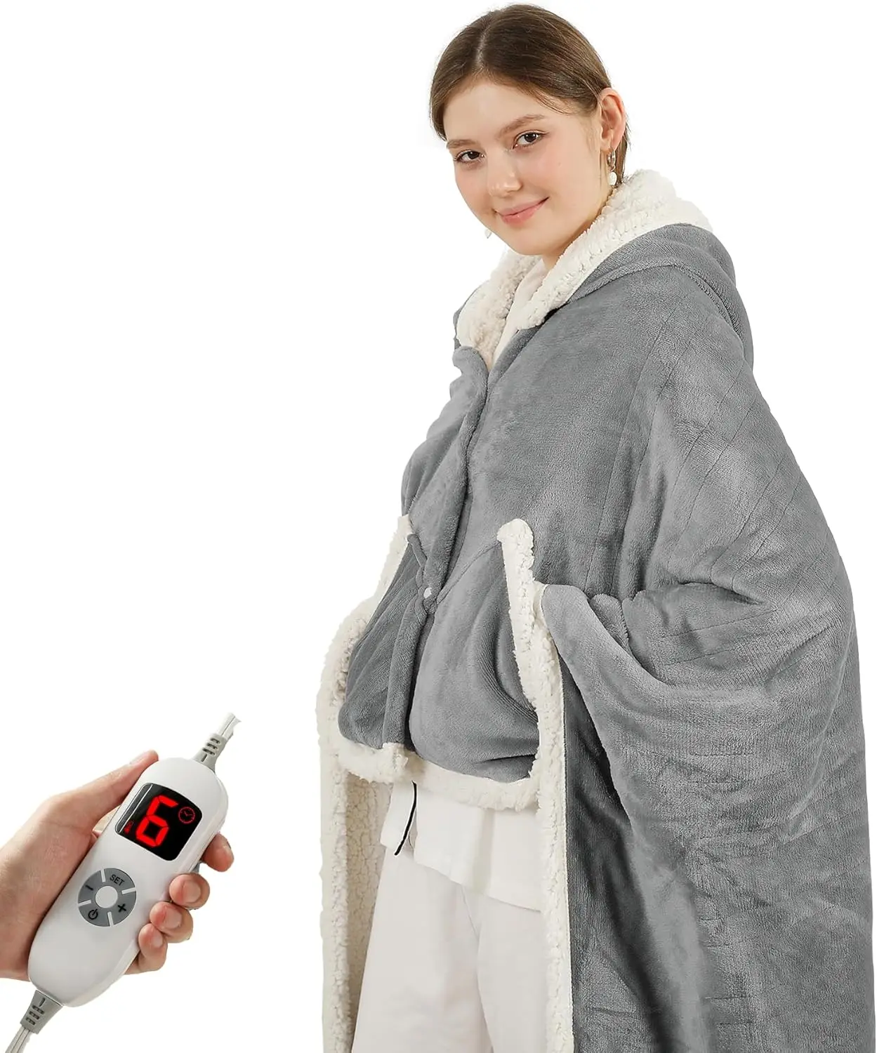 

Носимое одеяло с электрическим подогревом, карманами для рук, 6 уровней нагрева и таймером, светло-серый