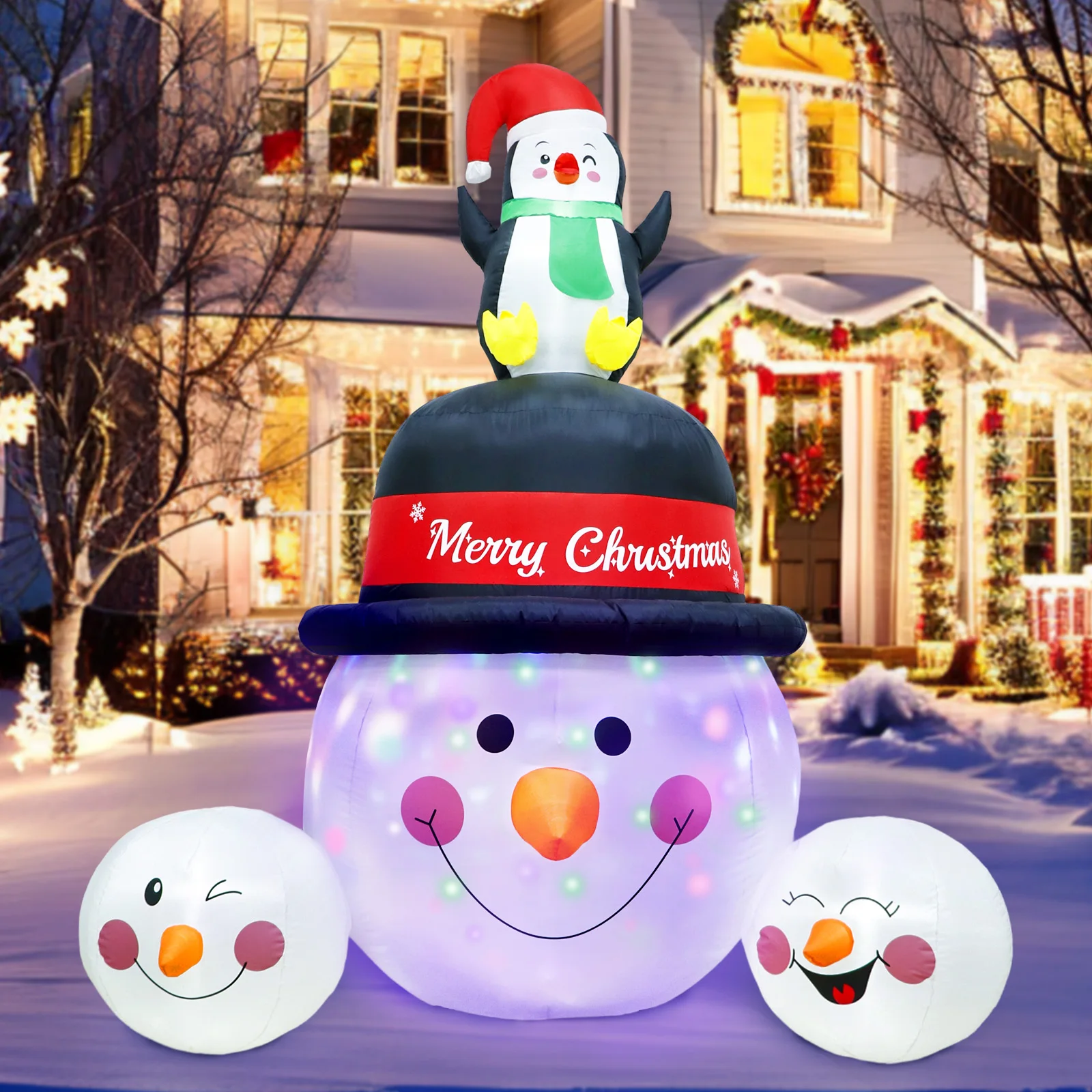 6FT Inflatable Snowman and Penguin Christmas Blow Up Yard Decoration with Twinkling Colorful LED Lights for Yard Christmas Decor