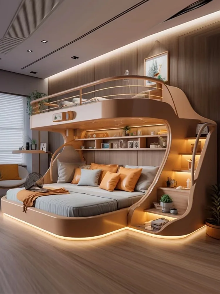 

Whole house children's tree house bunk beds with lighting effects, all solid wood bunk beds, high and low children and mothers