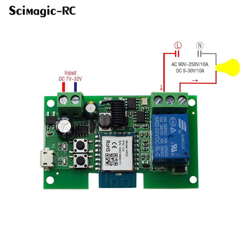 Interruptor inteligente RF de 1 canal, 12V, 24V, 7-32V, 85-250V, WIFI, Control remoto Tuya, interruptor de luz 433, relé de 10A, interruptor de avance automático