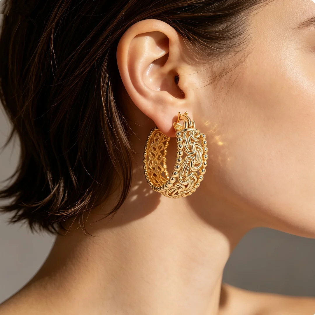 925 Sterling Silver Light Luxury Fashion Retro Hollow Woven Gold Large Hoop Earrings, Heavy-duty Knotted Twisted Texture Earring