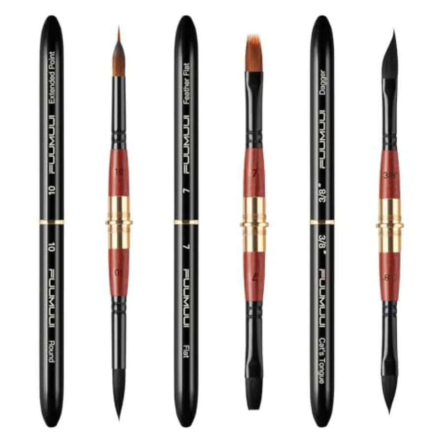 

3pcs Dual-Tip Travel Watercolor Brushes - 6 Tip Styles, Sable Synthetic Squirrel Hair Travel Brushes Set with Leather Pouch Per
