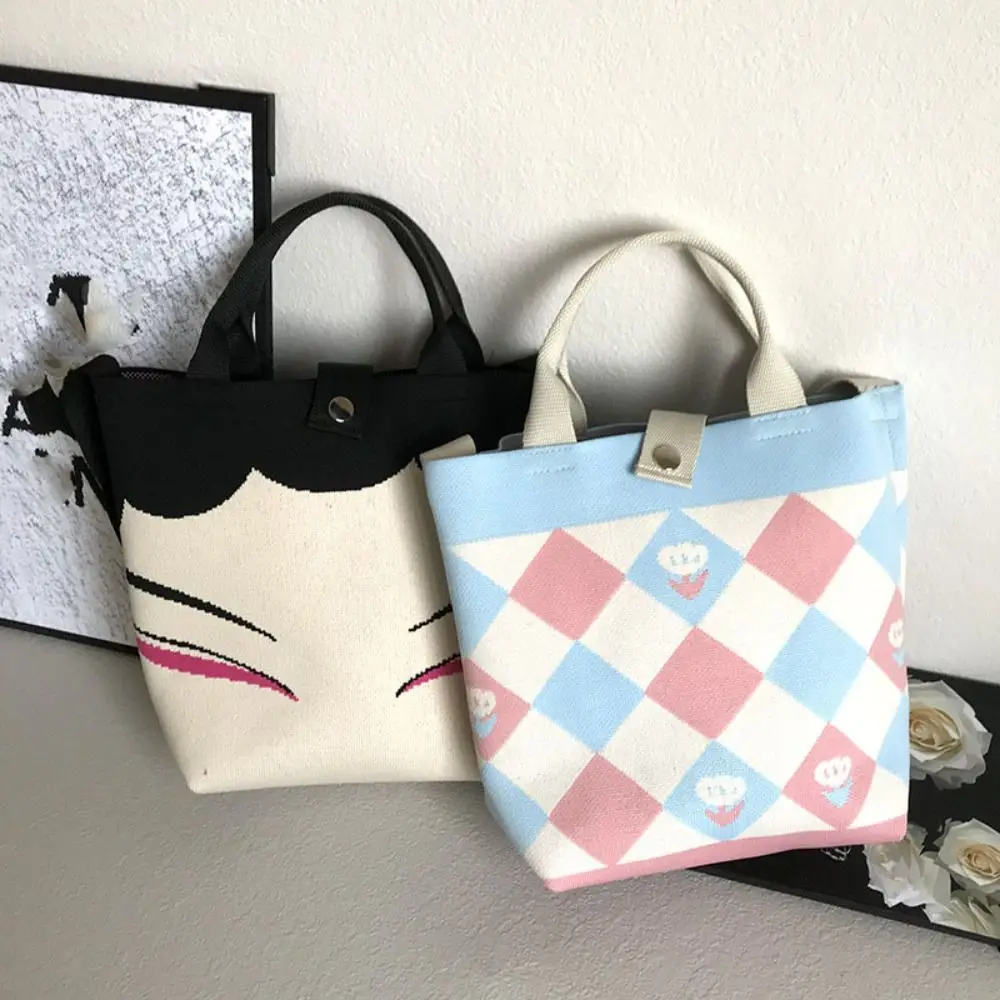 

Reusable Retro Plaid Knitted Handbag Ethnic Style Shopping Bags Versatile Casual Shoulder Bag Large Capacity